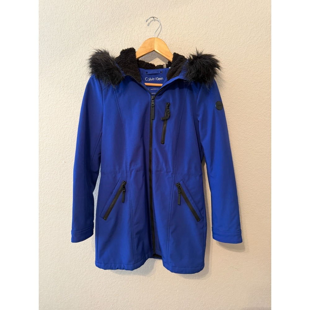 Calvin Klein Anorak Jacket Women XS Blue Good Faux Fur Hood Wind-Resistant Coat